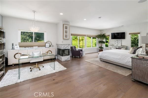 Bedroom, Chandelier, Fireplace, Home Office, Interior, Recessed Lighting, Wood Texture Flooring