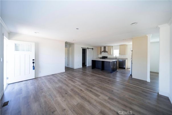 Empty room, Interior, Kitchen, Recessed Lighting, Wood Texture Flooring