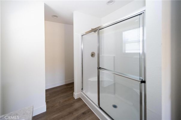 Bathroom, Glass Shower, Interior, Recessed Lighting, Wood Texture Flooring
