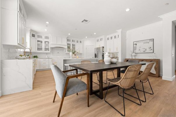 Dining room, Interior, Kitchen, Recessed Lighting, Wood Texture Flooring