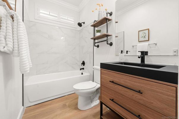 Bathroom, Interior, Marble Walls, Wood Texture Flooring