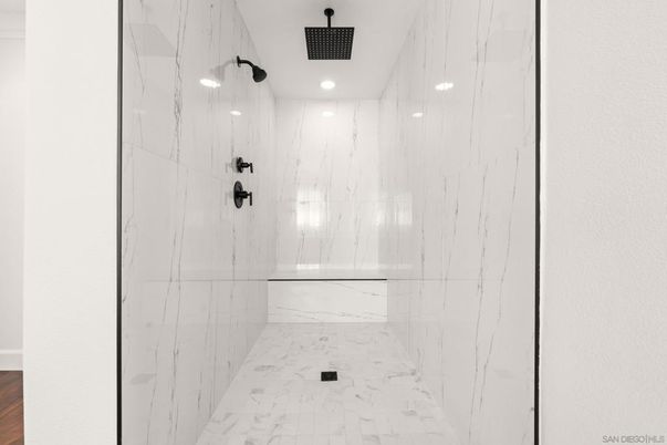 Bathroom, Glass Shower, Interior, Marble, Marble Walls, Wood Texture Flooring
