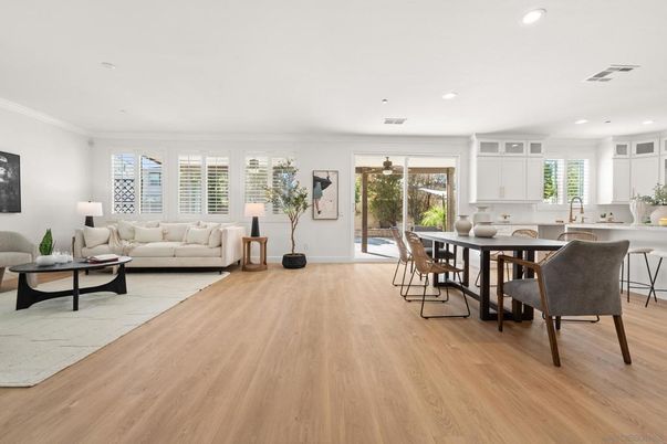 Dining room, Interior, Kitchen, Living room, Recessed Lighting, Wood Texture Flooring