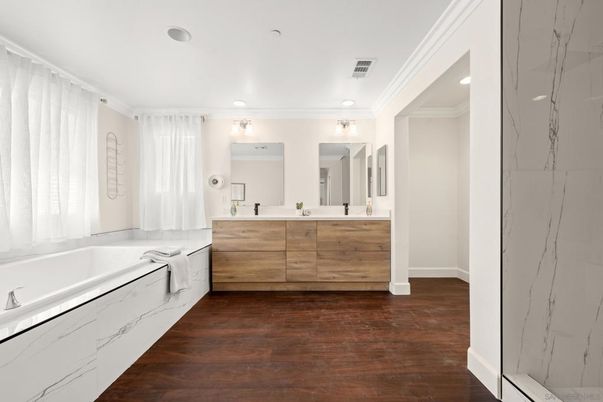 Bathroom, Dual Sink Vanities, Interior, Recessed Lighting, Wood Texture Flooring