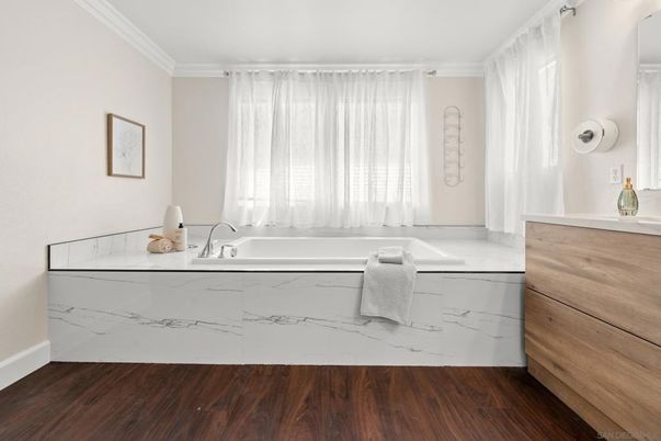 Bathroom, Interior, Marble Walls, Wood Texture Flooring