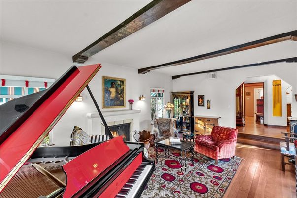 Fireplace, Interior, Living room, Piano, Wooden Beams, Wood Texture Flooring