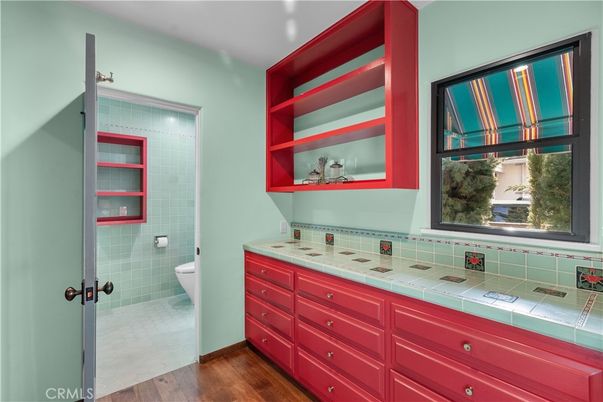 Bathroom, Interior, Tile Countertops, Wood Texture Flooring