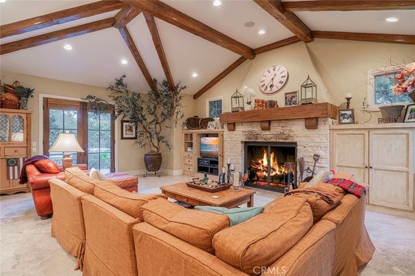Fireplace, Interior, Living room, Recessed Lighting, Wooden Beams