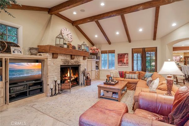 Fireplace, Interior, Living room, Recessed Lighting, Wooden Beams
