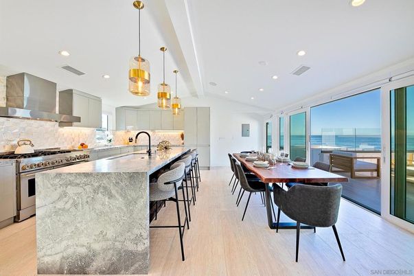 Dining room, Interior, Kitchen, Pendant Lights, Recessed Lighting, Stainless Steel Appliances, Water, Wood Texture Flooring