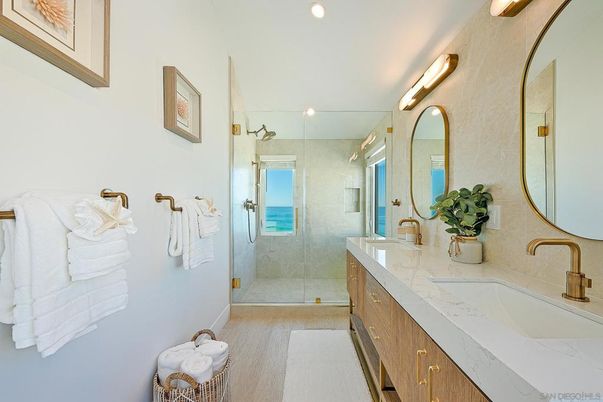 Bathroom, Dual Sink Vanities, Glass Shower, Interior, Recessed Lighting, Wood Texture Flooring