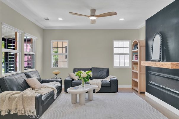Fireplace, Interior, Living room, Recessed Lighting, Wood Texture Flooring
