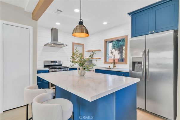 Interior, Kitchen, Pendant Lights, Recessed Lighting, Stainless Steel Appliances, Wooden Beams, Wood Texture Flooring