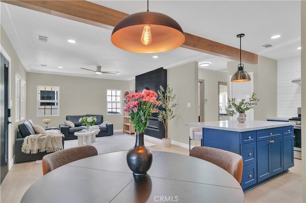 Dining room, Fireplace, Interior, Kitchen, Living room, Pendant Lights, Recessed Lighting, Wooden Beams, Wood Texture Flooring