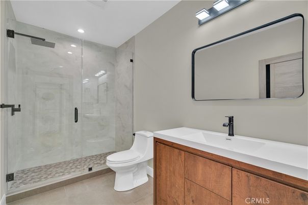 Bathroom, Glass Shower, Interior, Marble Walls, Recessed Lighting