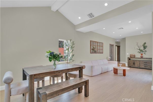 Dining room, Interior, Living room, Recessed Lighting, Wood Texture Flooring