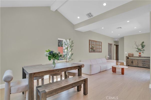 Dining room, Interior, Living room, Recessed Lighting, Wood Texture Flooring