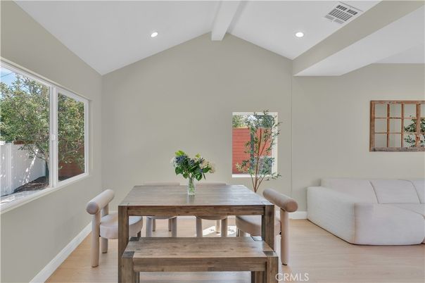 Dining room, Interior, Recessed Lighting, Wood Texture Flooring