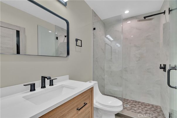 Bathroom, Glass Shower, Interior, Marble Walls, Recessed Lighting