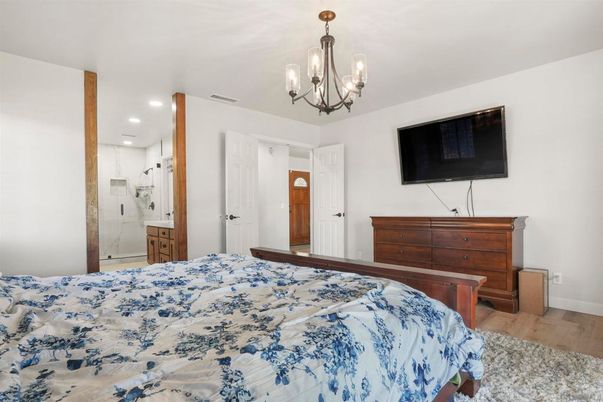 Bedroom, Chandelier, Interior, Recessed Lighting, Wood Texture Flooring