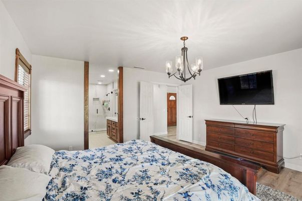 Bedroom, Chandelier, Interior, Recessed Lighting, Wood Texture Flooring
