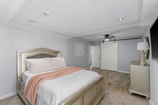 Bedroom, Interior, Recessed Lighting, Wood Texture Flooring