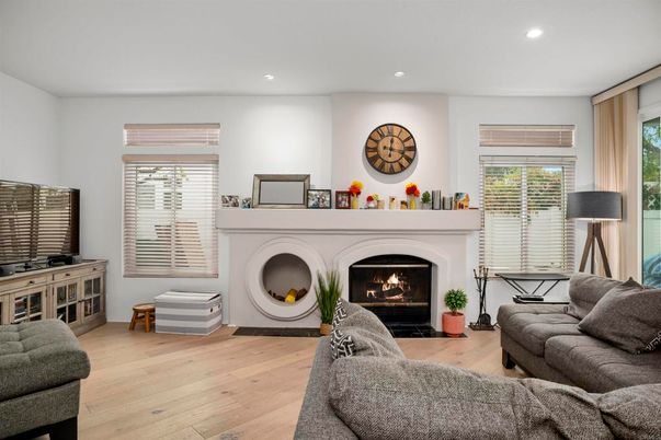 Fireplace, Interior, Living room, Recessed Lighting, Wood Texture Flooring