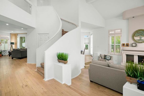 Fireplace, Interior, Living room, Recessed Lighting, Wood Texture Flooring