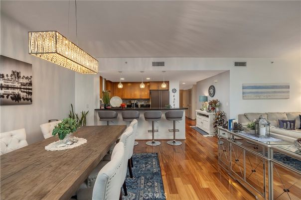 Dining room, Interior, Kitchen, Living room, Pendant Lights, Stainless Steel Appliances, Wood Texture Flooring