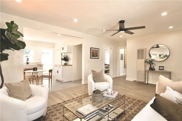 Dining room, Interior, Kitchen, Living room, Recessed Lighting, Wood Texture Flooring