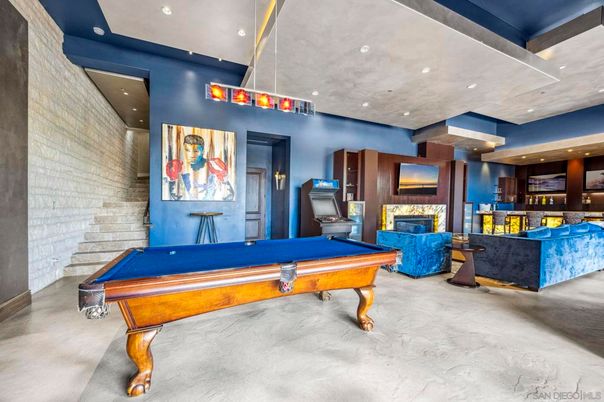 Billiard Table, Fireplace, Game Room, Interior, Recessed Lighting, Stone Walls
