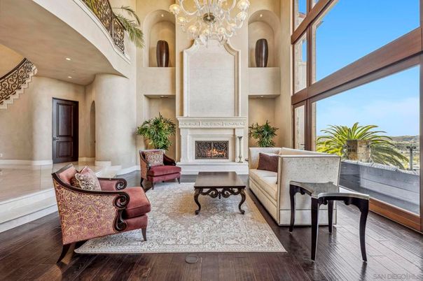 Chandelier, Fireplace, Interior, Living room, Recessed Lighting, Wood Texture Flooring