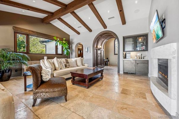 Fireplace, Interior, Living room, Recessed Lighting, Wooden Beams