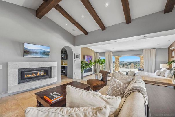 Fireplace, Interior, Living room, Recessed Lighting, Wooden Beams
