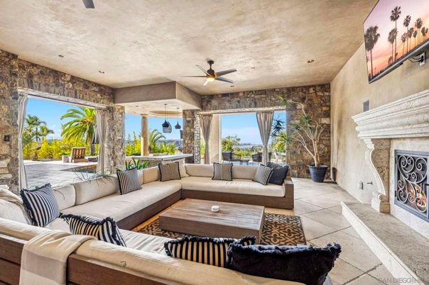 Fireplace, Interior, Living room, Pendant Lights, Recessed Lighting, Stone Walls
