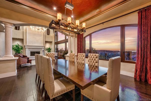 Chandelier, Dining room, Fireplace, Interior, Living room, Recessed Lighting, Wood Texture Flooring