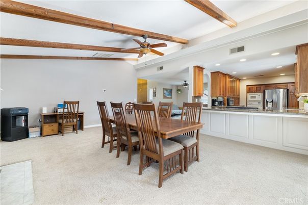 Dining room, Interior, Kitchen, Recessed Lighting, Stainless Steel Appliances, Wooden Beams