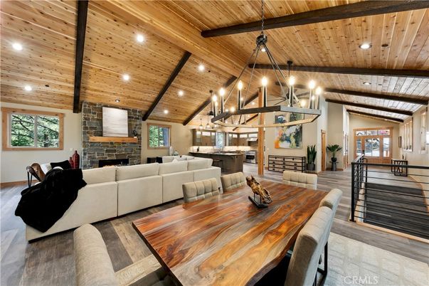Dining room, Fireplace, Interior, Kitchen, Living room, Pendant Lights, Recessed Lighting, Wooden Beams, Wooden Ceilings