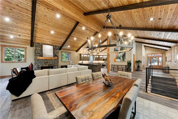 Dining room, Fireplace, Interior, Kitchen, Living room, Pendant Lights, Recessed Lighting, Wooden Beams, Wooden Ceilings