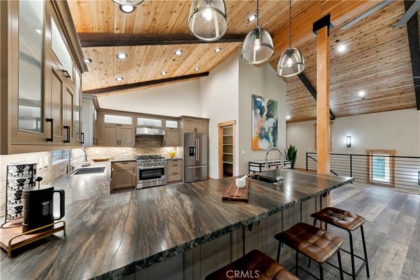 Interior, Kitchen, Recessed Lighting, Stainless Steel Appliances, Wooden Beams, Wooden Ceilings, Wood Texture Flooring