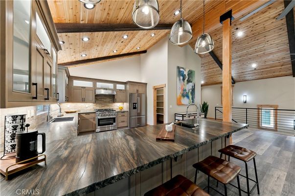 Interior, Kitchen, Recessed Lighting, Stainless Steel Appliances, Wooden Beams, Wooden Ceilings, Wood Texture Flooring