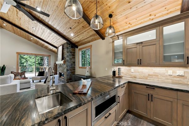 Fireplace, Interior, Kitchen, Living room, Pendant Lights, Recessed Lighting, Stone Walls, Wooden Beams, Wooden Ceilings