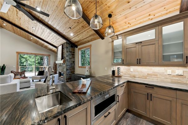 Fireplace, Interior, Kitchen, Living room, Pendant Lights, Recessed Lighting, Stone Walls, Wooden Beams, Wooden Ceilings, Wood Texture Flooring