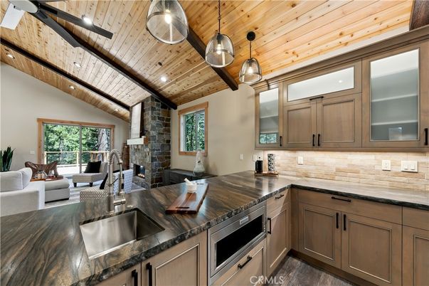 Fireplace, Interior, Kitchen, Living room, Pendant Lights, Recessed Lighting, Stone Walls, Wooden Beams, Wooden Ceilings, Wood Texture Flooring