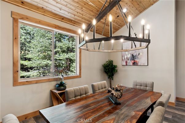 Chandelier, Dining room, Interior, Pendant Lights, Wooden Beams, Wooden Ceilings, Wood Texture Flooring