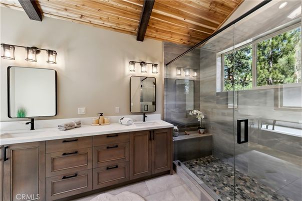Bathroom, Dual Sink Vanities, Glass Shower, Interior, Wooden Beams, Wooden Ceilings