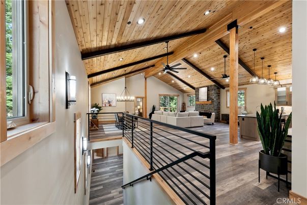 Dining room, Fireplace, Interior, Living room, Pendant Lights, Recessed Lighting, Wooden Beams, Wooden Ceilings, Wood Texture Flooring