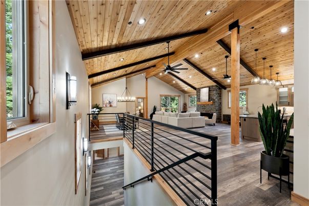 Dining room, Fireplace, Interior, Living room, Pendant Lights, Recessed Lighting, Wooden Beams, Wooden Ceilings, Wood Texture Flooring