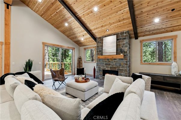 Fireplace, Interior, Living room, Recessed Lighting, Stone Walls, Wooden Beams, Wooden Ceilings, Wood Texture Flooring