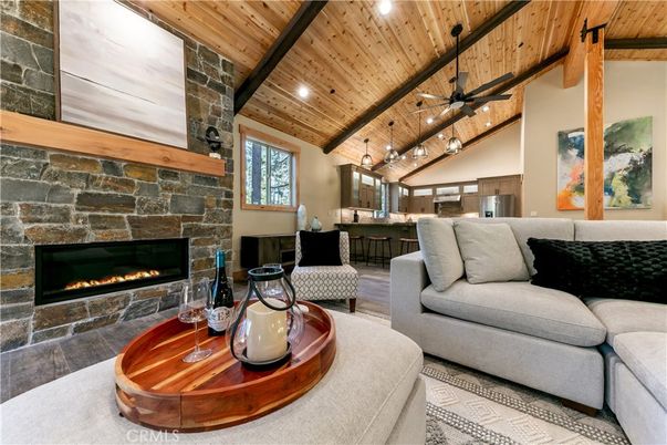 Fireplace, Interior, Kitchen, Living room, Pendant Lights, Recessed Lighting, Stone Walls, Wooden Beams, Wooden Ceilings